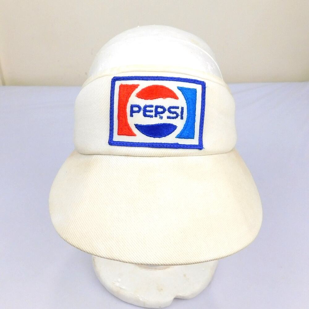 Vintage 80s Pepsi Visor Hat White Embroidered Logo Patch Adjustable Cleaned